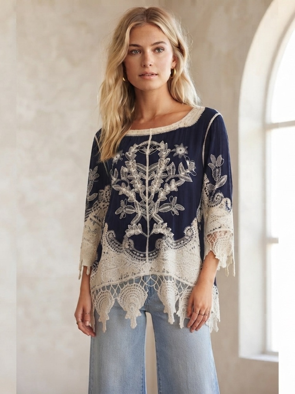 Navy Blue Tunic with Cream Crochet Lace Trim 100% Rayon Boho Size XL - Picture 9 of 9